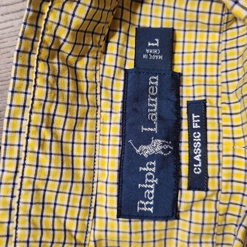 Polo Ralph Lauren Button Down Mens L Yellow Blue Check Short Sleeve Cotton Shirt